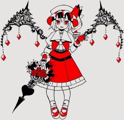 Rule 34 | 1girl, ascot, black wings, boku (isizakitakasi), collared shirt, commentary, crystal, drill hair, fingerless gloves, flandre scarlet, flower, frilled skirt, frills, full body, gloves, hat, hat ribbon, highres, laevatein (touhou), looking at viewer, mary janes, medium hair, mob cap, one side up, partially colored, puffy short sleeves, puffy sleeves, red eyes, red flower, red footwear, red gloves, red ribbon, red skirt, red vest, ribbon, sharp teeth, shirt, shoes, short sleeves, skirt, slit pupils, socks, solo, teeth, touhou, vest, white ascot, white background, white shirt, wings, wrist cuffs