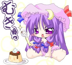 Rule 34 | 1girl, barefoot, bloomers, blush, cherry, chibi, eating, feet, female focus, flat chest, food, fruit, lowres, mukyuu, open mouth, patchouli knowledge, pudding, purple eyes, purple hair, ribbon, solo, spoon, topless, touhou, underwear