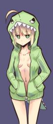 Rule 34 | 1girl, ahoge, artoria pendragon (all), artoria pendragon (fate), blonde hair, boa (brianoa), breasts, closed mouth, fate/stay night, fate (series), green eyes, hood, hoodie, looking at viewer, no bra, no pants, onesie, saber (fate), short hair, simple background, solo