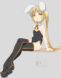 Rule 34 | 1girl, animal ears, blonde hair, detached collar, fake animal ears, inaka keikou, leotard, long hair, original, platform footwear, playboy bunny, rabbit ears, sitting, solo, thighhighs, twintails, wrist cuffs, yellow eyes