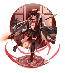 Rule 34 | 1girl, absurdres, black headwear, black skirt, black thighhighs, blouse, brown hair, closed eyes, frilled skirt, frills, full body, genshin impact, ghost, hand on headwear, highres, holding, holding weapon, hu tao (genshin impact), open mouth, polearm, red eyes, red shirt, shirt, simple background, skirt, skym (kumei), smile, symbol-shaped pupils, t-shirt, thighhighs, twintails, weapon, white background