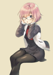 Rule 34 | 1girl, :o, adjusting eyewear, black-framed eyewear, black dress, black pantyhose, blush, commentary request, dress, fate/grand order, fate (series), glasses, hair between eyes, hair over one eye, invisible chair, jacket, long sleeves, looking at viewer, mash kyrielight, midorikawa you, necktie, open clothes, open jacket, open mouth, pantyhose, pink hair, purple eyes, red necktie, short hair, sitting, solo, tareme, track jacket, unzipped, white jacket, zipper