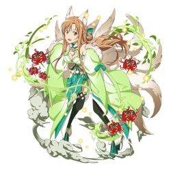 Rule 34 | 1girl, :d, animal ears, asuna (sao), black thighhighs, boots, breasts, brown eyes, brown hair, choker, cleavage, detached sleeves, floating hair, flower, fox ears, fox tail, full body, fur trim, green footwear, high heel boots, high heels, japanese clothes, leaning forward, long hair, looking at viewer, medium breasts, multiple tails, open mouth, red flower, simple background, smile, solo, standing, sword art online, tail, thighhighs, very long hair, white background