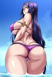Rule 34 | 1girl, armband, ass, bikini, breasts, butt crack, commission, facing away, fate/grand order, fate (series), highres, in water, large breasts, long hair, looking at viewer, looking back, minamoto no raikou (fate), minamoto no raikou (fate/grand order), minamoto no raikou (swimsuit lancer) (fate), purple bikini, purple eyes, purple hair, sideboob, solo, swimsuit, thighs, wading, water, zantyarz