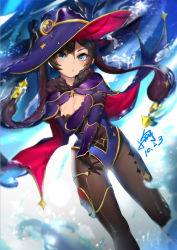 Rule 34 | 1girl, black hair, black pantyhose, blue eyes, blurry, cape, choker, commentary request, dated, depth of field, detached sleeves, earrings, genshin impact, hair between eyes, hair ornament, hat, highres, jewelry, leotard, long hair, looking at viewer, mona (genshin impact), pantyhose, sidelocks, signature, solo, strapless, strapless leotard, twintails, water, witch hat, xiaoyu