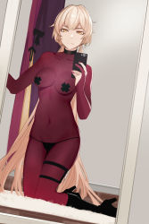 1girl, absurdres, black choker, black footwear, black panties, blonde hair, bodysuit, boots, breasts, cellphone, choker, closed mouth, collarbone, covered navel, erect nipples, eyebrows visible through hair, girls frontline, high heel boots, high heels, highres, holding, holding phone, long hair, looking at viewer, medium breasts, nail polish, ots-14 (girls frontline), panties, phone, purple bodysuit, purple nails, salty eyes, simple background, sitting, sitting on floor, smartphone, solo, underwear, yellow eyes