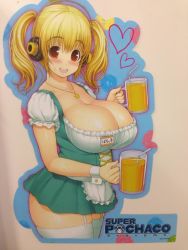 Rule 34 | 1girl, alcohol, apron, beer, beer mug, blonde hair, blue background, blush, breasts, brown eyes, character name, cleavage, corset, cowboy shot, cross-laced clothes, cup, dirndl, dress, drink, drinking straw, dual wielding, frills, from side, garter straps, german clothes, headphones, heart, holding, huge breasts, jewelry, jpeg artifacts, lace, long hair, looking at viewer, mug, name tag, necklace, nitroplus, official art, oktoberfest, open mouth, orange eyes, panties, pleated dress, plump, scan, short dress, short hair, short sleeves, short twintails, simple background, smile, solo, spoken heart, standing, star (symbol), star necklace, super pochaco, sweat, thick thighs, thighhighs, thighs, traditional clothes, tsuji santa, twintails, underbust, underwear, waist apron, waitress, white thighhighs, wrist cuffs