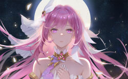 Rule 34 | 1girl, closed mouth, dress, elf, elysia (herrscher of human:ego) (honkai impact), elysia (honkai impact), full moon, gloves, honkai (series), honkai impact 3rd, long hair, looking at viewer, moon, night, night sky, outdoors, pink eyes, pink hair, pointy ears, single glove, sky, solo, star (sky), starry sky, strapless, strapless dress, taichi (yirkorn), upper body, veil, white dress, white gloves