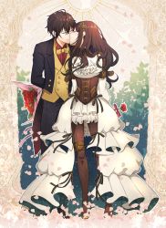 Rule 34 | 1boy, 1girl, ariake aria, arm belt, arms behind back, arsene lupin (code:realize), black suit, bouquet, bow, bowtie, brown hair, brown legwear, cardia beckford, code:realize, closed eyes, facing another, flower, formal, frills, gear hair ornament, hetero, holding, holding flower, kiss, standing, suit, thigh strap, vest, yellow bow, yellow vest