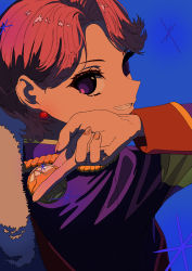 Rule 34 | 1girl, absurdres, blue background, commentary, earrings, eyelashes, fang, fingernails, from side, fur trim, grin, hand up, highres, holding, holding button, isurugi futaba, jacket, jewelry, long sleeves, looking at viewer, looking to the side, nasu (nasu8901), no pupils, parted bangs, parted lips, purple eyes, purple jacket, red hair, red sash, sash, short hair, shoujo kageki revue starlight, shoulder sash, sideways glance, simple background, smile, solo, sparkle, upper body