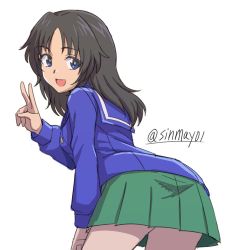 Rule 34 | 10s, 1girl, :d, alternate hair color, black hair, blue coat, blue eyes, coat, commentary, cowboy shot, girls und panzer, green skirt, leaning forward, long hair, long sleeves, looking at viewer, looking back, miniskirt, one-hour drawing challenge, ooarai school uniform, open mouth, pleated skirt, sailor collar, school uniform, shinmai (kyata), simple background, skirt, smile, solo, standing, twitter username, v, white background, winter uniform, yamagou ayumi