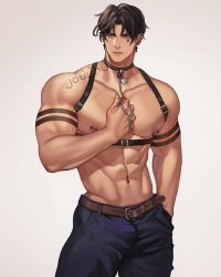 Rule 34 | 1boy, abs, arm tattoo, artist name, bara, bell, biceps, chain, chain necklace, chest belt, collar, commission, ear piercing, earrings, highres, jewelry, jouvru, male focus, muscular, muscular male, navel, navel piercing, necklace, nipple piercing, nipples, original, pants, pectorals, piercing, solo, tattoo, thick arms, topless male, veins, wet
