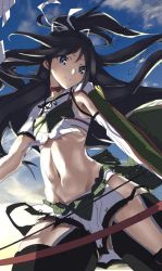 Rule 34 | 10s, 1girl, armor, arrow (projectile), asymmetric gloves, asymmetrical gloves, black hair, black thighhighs, blue eyes, cloud, cloudy sky, elbow gloves, flight deck, from below, gloves, gradient background, hair between eyes, hair ribbon, kantai collection, katsuragi (kancolle), long hair, midriff, navel, pleated skirt, ponytail, remodel (kantai collection), ribbon, shikigami, skirt, sky, smile, solo, thighhighs, tsuuhan, uneven gloves, zettai ryouiki