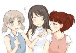 Rule 34 | 10s, 3girls, abenattou, aki (girls und panzer), alternate eye color, blue dress, blue eyes, blush, brown eyes, brown hair, casual, closed mouth, dress, food, food request, girls und panzer, hair tie, halterneck, holding, holding food, light brown hair, long hair, mika (girls und panzer), mikko (girls und panzer), multiple girls, open mouth, parted lips, pink dress, portrait, red eyes, red hair, short hair, short sleeves, short twintails, simple background, sleeveless, sleeveless dress, smile, standing, sweatdrop, twintails, white background, white dress