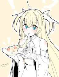 Rule 34 | 1girl, 2024, ahoge, ascot, bare shoulders, blonde hair, blue eyes, blush, cheese trail, closed mouth, commentary, dated, detached sleeves, eating, eyelashes, food, hair between eyes, hand up, highres, holding, holding food, holding pizza, long hair, long sleeves, looking at viewer, pizza, pizza slice, shirayuki noa, shirt, silver116, simple background, sleeveless, sleeveless shirt, solo, tenshi souzou re-boot!, translated, two side up, very long hair, white ascot, white shirt, wide sleeves, wing hair ornament, yellow background