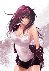 Rule 34 | 1girl, black jacket, black shorts, closed mouth, jacket, lee seol-ah, long hair, looking at viewer, red eyes, red hair, removed clothing, shirt, shorts, smile, solo, tomb raider king, very long hair, white background, white shirt