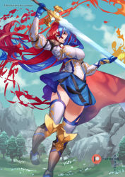 Rule 34 | 1girl, alear (female) (fire emblem), alear (fire emblem), armor, blue eyes, blue hair, breasts, conope, crossed bangs, fire, fire emblem, fire emblem engage, heterochromia, knee guards, liberation (fire emblem), long hair, looking at viewer, medium breasts, multicolored hair, nintendo, puffy sleeves, red eyes, red hair, skirt, solo, thigh strap, thighs, two-tone hair, very long hair