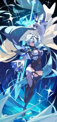 Rule 34 | absurdres, arm up, bibisuka, black background, black gloves, black hairband, blue cape, blue hair, blue necktie, boots, breasts, cape, chest harness, crystal sword, eula (genshin impact), full body, genshin impact, gloves, gradient background, greatsword, hair ornament, hairband, hand up, harness, high-waist shorts, highres, ice crystal, knee up, large breasts, light particles, long sleeves, looking at viewer, medium hair, necktie, parted lips, purple eyes, shorts, side cape, standing, standing on one leg, sword, sword behind back, thigh boots, vision (genshin impact), weapon, white sleeves, wide sleeves