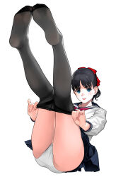 Rule 34 | 1girl, ass, black hair, black pantyhose, blue eyes, blue sailor collar, blue skirt, blush, bow, clothes pull, commentary request, full body, hair bow, legs up, long sleeves, looking at viewer, lying, mibu natsuki, on back, original, panties, pantyhose, pantyhose pull, pleated skirt, puffy long sleeves, puffy sleeves, pulling own clothes, red bow, sailor collar, shirt, simple background, skirt, soles, solo, thighs, tongue, tongue out, underwear, white background, white panties, white shirt