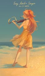 Rule 34 | 1girl, absurdres, ahoge, artist name, bare arms, barefoot, beach, blue choker, blue sky, character name, chinese commentary, choker, clear sky, closed eyes, commentary request, dated, day, dress, from behind, full body, highres, holding, holding instrument, holding violin, instrument, long hair, moriso, music, neon genesis evangelion, ocean, orange hair, outdoors, playing instrument, signature, sky, sleeveless, sleeveless dress, solo, souryuu asuka langley, sundress, two side up, violin, water, yellow dress