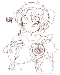 Rule 34 | 1girl, bare shoulders, collarbone, covering privates, covering breasts, eyeball, female focus, flat chest, gekkou ookami, hairband, komeiji satori, monochrome, navel, off shoulder, one eye closed, open clothes, open shirt, shirt, short hair, sketch, solo, third eye, touhou, undressing, upper body, wink