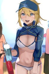 Rule 34 | absurdres, ahoge, artoria pendragon (fate), bad id, bad twitter id, basaru 1106, bikini, blonde hair, blue eyes, bottle, breasts, cleavage, fate/grand order, fate (series), highres, large breasts, looking at viewer, mysterious heroine x (fate), mysterious heroine xx (fate), navel, open mouth, smile, solo, stomach, sweat, sweatdrop, swimsuit, white bikini