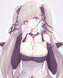 Rule 34 | 1girl, azur lane, between breasts, black bow, black dress, black nails, bow, breasts, buran (kure), cleavage, closed mouth, clothing cutout, commentary request, dress, fingernails, formidable (azur lane), grey background, grey hair, hair bow, hand up, hands up, head tilt, highres, large breasts, long hair, long sleeves, nail polish, outline, red eyes, shoulder cutout, sleeves past wrists, smile, solo, twintails, upper body, very long hair, white outline