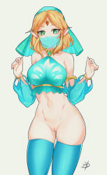 Rule 34 | 1girl, absurdres, alternate costume, bare shoulders, blonde hair, bra, breasts, cleft of venus, covered mouth, delux drawings, elf, gerudo outfit, gerudo set (zelda), green eyes, hair ornament, half-closed eyes, harem outfit, highres, jewelry, large breasts, legs, looking at viewer, mask, mouth mask, mouth veil, nintendo, no panties, parted bangs, pointy ears, princess zelda, pussy, short hair, solo, standing, the legend of zelda, third-party edit, underwear, veil