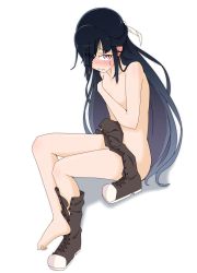 Rule 34 | 10s, 1girl, barefoot, black hair, blush, boots, unworn boots, covering privates, covering breasts, eyes visible through hair, feet, hair over one eye, hayashimo (kancolle), highres, kantai collection, long hair, looking at viewer, no socks, nude, purple eyes, ru2n131, shoes, single shoe, sitting, solo, sweatdrop, very long hair