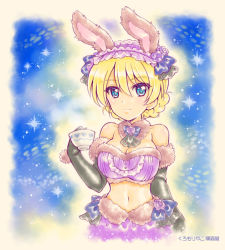 Rule 34 | 1girl, animal costume, animal ears, artist name, bare shoulders, black gloves, blonde hair, blue background, blue bow, blue eyes, bow, braid, breasts, cleavage, closed mouth, commentary, cropped torso, cup, darjeeling (girls und panzer), elbow gloves, fake animal ears, flower, frilled hairband, frills, fur-trimmed gloves, fur-trimmed shirt, fur-trimmed skirt, fur collar, fur trim, girls und panzer, gloves, hair flower, hair ornament, hairband, halloween, halloween costume, holding, holding cup, kuromori yako, large breasts, light particles, looking at viewer, purple flower, purple hairband, purple rose, purple shirt, purple skirt, rabbit costume, rabbit ears, rose, shirt, short hair, skirt, smile, solo, sparkle, standing, strapless, teacup, tube top, twin braids
