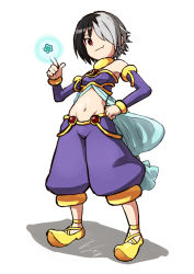 Rule 34 | 1girl, bare shoulders, black hair, brave dungeon, closed mouth, detached sleeves, eyebrows, fang, groin, hair over one eye, hand on own hip, index finger raised, io naomichi, legs apart, long sleeves, majin shoujo, midriff, multicolored hair, navel, pants, purple pants, red eyes, shadow, shoes, short hair, silver hair, smile, solo, standing, stomach, strapless, tube top, two-tone hair, yellow footwear, zizou olympia