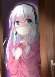 Rule 34 | 10s, 1girl, amasajithira, aura, blank stare, blue eyes, bow, closed mouth, commentary request, dark, door, doorknob, doorway, empty eyes, eromanga sensei, expressionless, hair bow, hair ribbon, hand on own chest, hand up, headset, highres, indoors, izumi sagiri, long hair, long sleeves, looking at viewer, opening door, pajamas, pink bow, pink pajamas, pov doorway, ribbon, shaded face, silver hair, solo, tareme, tress ribbon, upper body