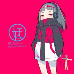 Rule 34 | 1girl, barcode, blunt bangs, chromatic aberration, covered mouth, drawstring, grey hair, hand in pocket, headphones, highres, hood, hood down, hooded jacket, horns, jacket, kuro kosyou, long hair, long sleeves, looking at viewer, no pants, oni, original, ponytail, red background, red eyes, short eyebrows, simple background, single horn, sleeves past wrists, solo, standing, straw doll, thick eyebrows