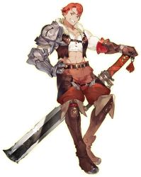 Rule 34 | 1boy, abs, atelier (series), atelier ryza, atelier ryza 1, belt, boots, brown footwear, brown gloves, brown pants, crop top, full body, gauntlets, gloves, grin, huge weapon, lent marslink, looking at viewer, male focus, official art, pants, red hair, single gauntlet, single glove, smile, solo, sword, toridamono, transparent background, weapon, yellow eyes