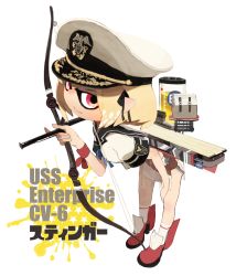 Rule 34 | 10s, 1girl, blonde hair, borrowed character, bow (weapon), commentary request, english text, enterprise (pacific), gun, hair ribbon, hand on own knee, handgun, hat, high heels, inkling, inkling player character, kantai collection, leaning forward, nintendo, original, pacific (kancolle), peaked cap, pointy ears, red eyes, revolver, ribbon, sailor, sailor hat, short hair, siirakannu, simple background, solo, splatoon (series), splatoon 1, translation request, uss enterprise (cv-6), weapon