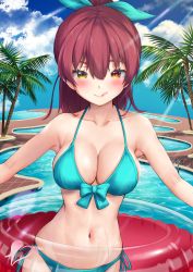 1girl, alternate hairstyle, armpits, bikini, blue bikini, blue sky, blush, bow, breasts, cloud, cloudy sky, collarbone, commentary request, cowboy shot, hair bow, heterochromia, highres, hololive, houshou marine, innertube, large breasts, licking lips, light rays, looking at viewer, navel, open arms, palm tree, pool, red eyes, red hair, shiny, shiny hair, shiny skin, side-tie bikini, sidelocks, skindentation, sky, solo, swimsuit, tongue, tongue out, tovi illust, tree, virtual youtuber, wet, yellow eyes