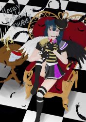 Rule 34 | 1girl, artist name, artist request, asymmetrical wings, band uniform, belt, black feathers, black footwear, black gloves, black hat, black legwear, black nail polish, black nails, black shirt, black skirt, black wings, blue hair, blush, boots, breasts, candle, chair, checkered floor, collared shirt, epaulettes, feathers, feet out of frame, female focus, fingerless gloves, food, frilled sleeves, frills, fruit, gloves, hair bun, hat, headphones, high heel boots, high heels, highres, holding, holding food, in the unstabe world, in the unstabe world (love live!), knee up, long hair, looking at viewer, love live!, love live! school idol festival, love live! sunshine!!, microphone, mini hat, miniskirt, mismatched wings, nail, nail polish, on chair, parted lips, pink eyes, plaid, plaid skirt, pleated, pleated skirt, purple eyes, purple skirt, shirt, short sleeves, shoulder pads, side bun, single hair bun, sitting, skirt, smile, solo, strawberry, striped legwear, table, throne, tsushima yoshiko, v-shaped eyebrows, white belt, white feathers, white legwear, white wings, wings