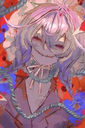 Rule 34 | 1girl, black shirt, blue flower, bonnet, bow, braid, collared shirt, commentary request, evil smile, flower, frills, hair between eyes, hat, highres, looking at viewer, low twin braids, medium hair, original, purple eyes, red flower, rope, shimenawa, shirt, shiun (siun 5513), smile, solo, stitched mouth, stitches, twin braids, white hair