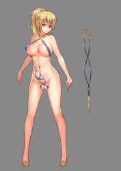Rule 34 | 1futa, arms at sides, blonde hair, breasts, collarbone, covered erect nipples, decensored, dripping, earrings, erection, full body, futanari, gluteal fold, green eyes, grey background, highres, jewelry, large breasts, long hair, long legs, looking at viewer, navel, object insertion, parted lips, penis, penis ornament, ponytail, revealing clothes, sex toy, shiny skin, shoes, simple background, slingshot swimsuit, solo, standing, stmast, swimsuit, testicles, third-party edit, uncensored, urethral beads, urethral insertion, vanguard (warship girls r), warship girls r