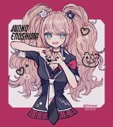 Rule 34 | 1girl, :d, bear hair ornament, blonde hair, blue eyes, bow, breasts, character name, cleavage, collarbone, cropped legs, danganronpa: trigger happy havoc, danganronpa (series), dated, enoshima junko, hair ornament, heart, heart hands, highres, large breasts, long hair, looking at viewer, miniskirt, monokuma, nail polish, narumame, necktie, open mouth, plaid, plaid skirt, red bow, red nails, shirt, skirt, smile, solo, twintails, white background