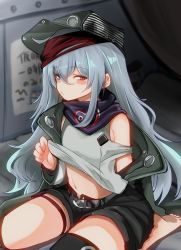 Rule 34 | 10eki (tenchou), 1girl, absurdres, bare shoulders, barefoot, belt, black shorts, blurry, blurry background, blush, brown eyes, clothes lift, clothing cutout, coat, g11 (girls&#039; frontline), girls&#039; frontline, green coat, grey shirt, groin, hair between eyes, hat, highres, jacket, knee pads, lifting own clothes, long hair, long sleeves, looking at viewer, navel, no shoes, off shoulder, open clothes, open coat, pouty lips, scarf, scarf on head, seiza, shirt, shirt lift, shorts, shoulder cutout, silver hair, single knee pad, sitting, solo, stomach, thigh strap, thighhighs, thighs, unbuttoned pants, very long hair, wariza