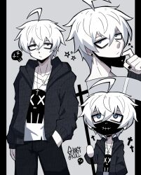Rule 34 | 1boy, ahoge, blue eyes, character sheet, cross, cross necklace, face mask, hand in pocket, highres, iamghostskull, jewelry, mask, necklace, original, pale skin, scythe, skull, star (symbol), starry background, texture, watermark, white hair