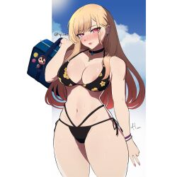 Rule 34 | 1girl, absurdres, areola slip, armpit crease, artist name, bag, bikini, black bikini, black choker, blonde hair, blue sky, blush, bracelet, breasts, choker, cleavage, cloud, ear piercing, earrings, highres, holding, holding bag, hycatoart, jewelry, kitagawa marin, large breasts, long hair, looking at viewer, mixed-language commentary, navel, necklace, parted bangs, piercing, pink eyes, red lips, side-tie bikini bottom, signature, sky, smile, solo, sono bisque doll wa koi wo suru, sweat, swimsuit, white background