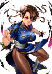 Rule 34 | 1girl, bad id, bad pixiv id, blue dress, blue panties, boots, bow, bracelet, breasts, brown eyes, brown hair, brown pantyhose, bun cover, burnt clothes, capcom, china dress, chinese clothes, chun-li, closed mouth, clothes lift, cross-laced footwear, double bun, dress, dress lift, eyelashes, fighting stance, frills, from above, hair bun, hair ribbon, highres, ink, jewelry, jun jun, large breasts, looking at viewer, outstretched arm, panties, pantyhose, pelvic curtain, pink hair, puffy short sleeves, puffy sleeves, red lips, ribbon, sash, short sleeves, side slit, smile, solo, spiked bracelet, spikes, street fighter, underwear, white background, white bow, white footwear, white ribbon