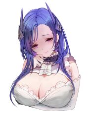 Rule 34 | 1girl, 24sui, absurdres, blue hair, breasts, cleavage, closed mouth, detached sleeves, goddess of victory: nikke, hair ornament, heart, heart-shaped pupils, highres, isabel (nikke), large breasts, long hair, long sleeves, looking at viewer, pink eyes, simple background, smile, solo, symbol-shaped pupils, upper body, white background