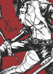 Rule 34 | 1boy, belt, boots, character name, color background, dinosaur tail, domino mask, dual wielding, fighting stance, fur trim, gloves, hat, holding, jacket, leather, leather pants, male focus, mask, muscular, one piece, open clothes, open jacket, pants, pirate, topless male, sideburns, solo, standing, sword, tail, tattoo, thigh boots, thighhighs, transformation, weapon, x (symbol), x drake