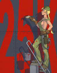 Rule 34 | 1girl, alexey lipatov, blonde hair, boots, braid, breasts, brown gloves, from side, full body, garrison cap, gloves, hand on own hip, hat, long hair, milestone celebration, no bra, nose, original, overalls, paint can, paint splatter, paintbrush, single braid, smile, solo, strap slip, tool belt