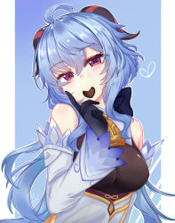 Rule 34 | 1girl, absurdres, ahoge, bare shoulders, bell, black gloves, black legwear, blue hair, blush, breasts, chocolate, detached sleeves, food in mouth, ganyu (genshin impact), genshin impact, gloves, gold trim, heart, highres, horns, long hair, looking at viewer, medium breasts, multicolored eyes, neck bell, sidelocks, smile, solo, upper body, valentine, white sleeves, ying miao