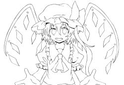 Rule 34 | 1girl, flandre scarlet, greyscale, hat, highres, lineart, monochrome, open mouth, ribbon, short hair, side ponytail, smile, solo, touhou, wings, ximsol182