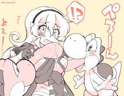 Rule 34 | !?, 1girl, armor, cape, corrin (female) (fire emblem), corrin (fire emblem), eromame, fire emblem, fire emblem fates, hairband, long hair, mario (series), monochrome, nintendo, open mouth, pointy ears, simple background, super smash bros., tongue, tongue out, twitter username, yoshi, yoshi&#039;s island